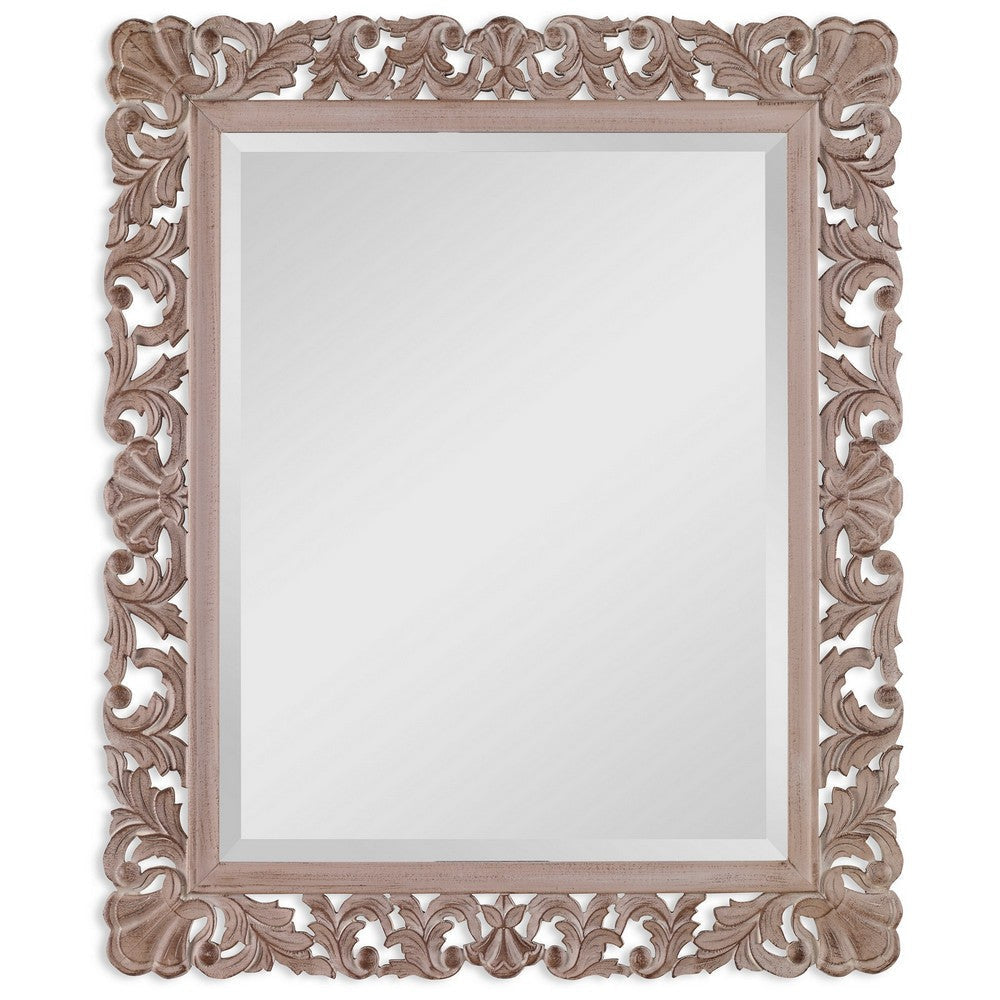 Rectangular Filigree Carved Wooden Frame Mirror, Natural Brown By Casagear Home