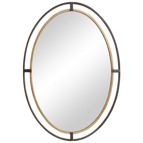 Sleek Open Double Metal Frame Oval Mirror, Rustic Bronze