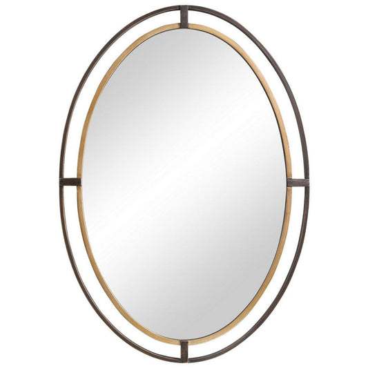 Sleek Open Double Metal Frame Oval Mirror, Rustic Bronze
