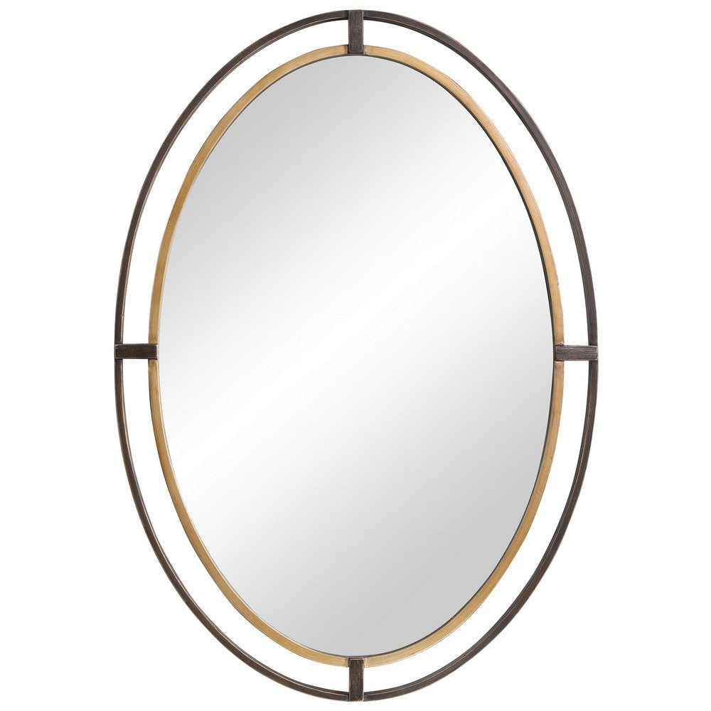 Sleek Open Double Metal Frame Oval Mirror, Rustic Bronze