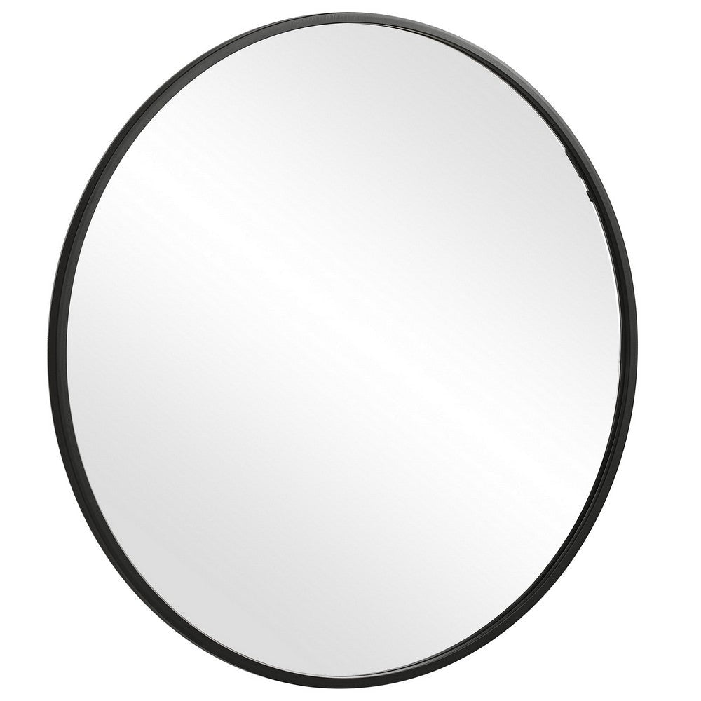 37 Inches Round Shape Sleek Frame Mirror Black BM239320