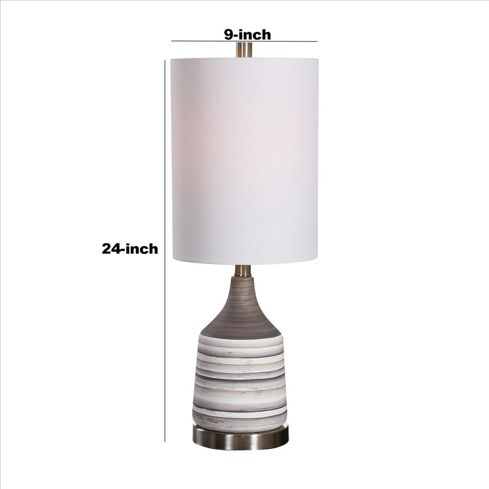 Jar Shaped Ceramic Table Lamp with Stripes, Gray By Casagear Home