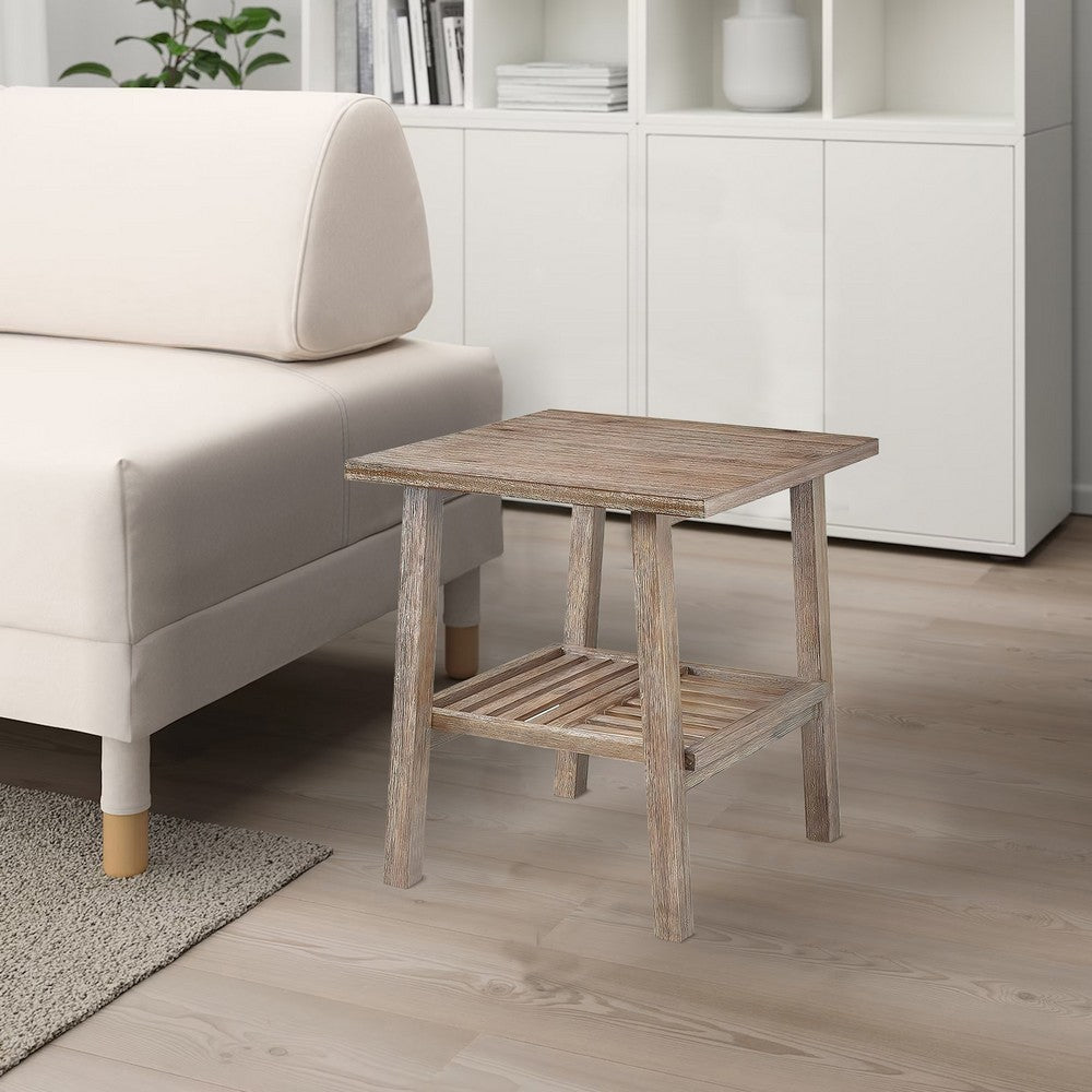 End Table | Farmhouse Wood | Slatted Shelf | Rustic Brown