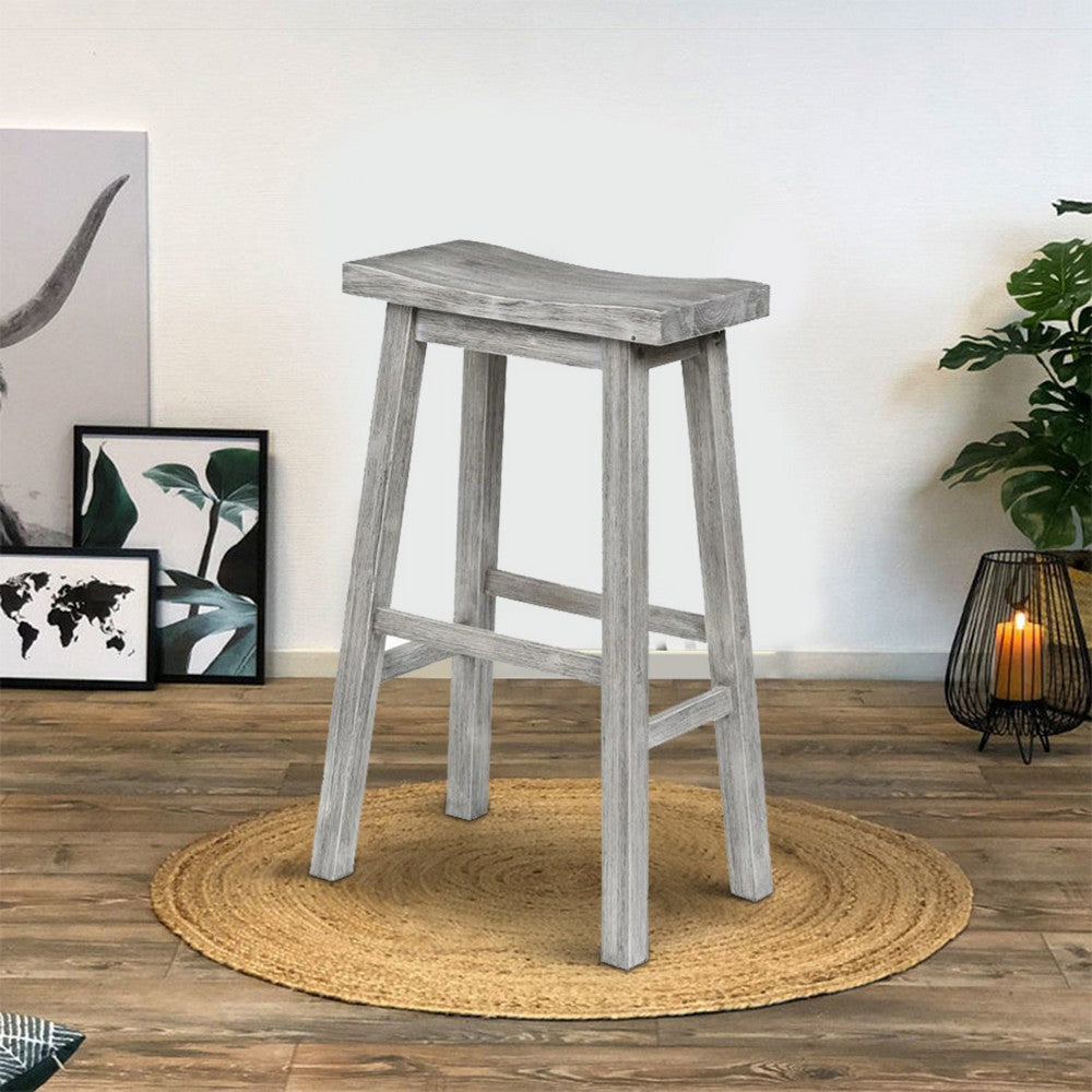 Saddle Design Wooden Barstool with Grain Details, Gray By Casagear Home