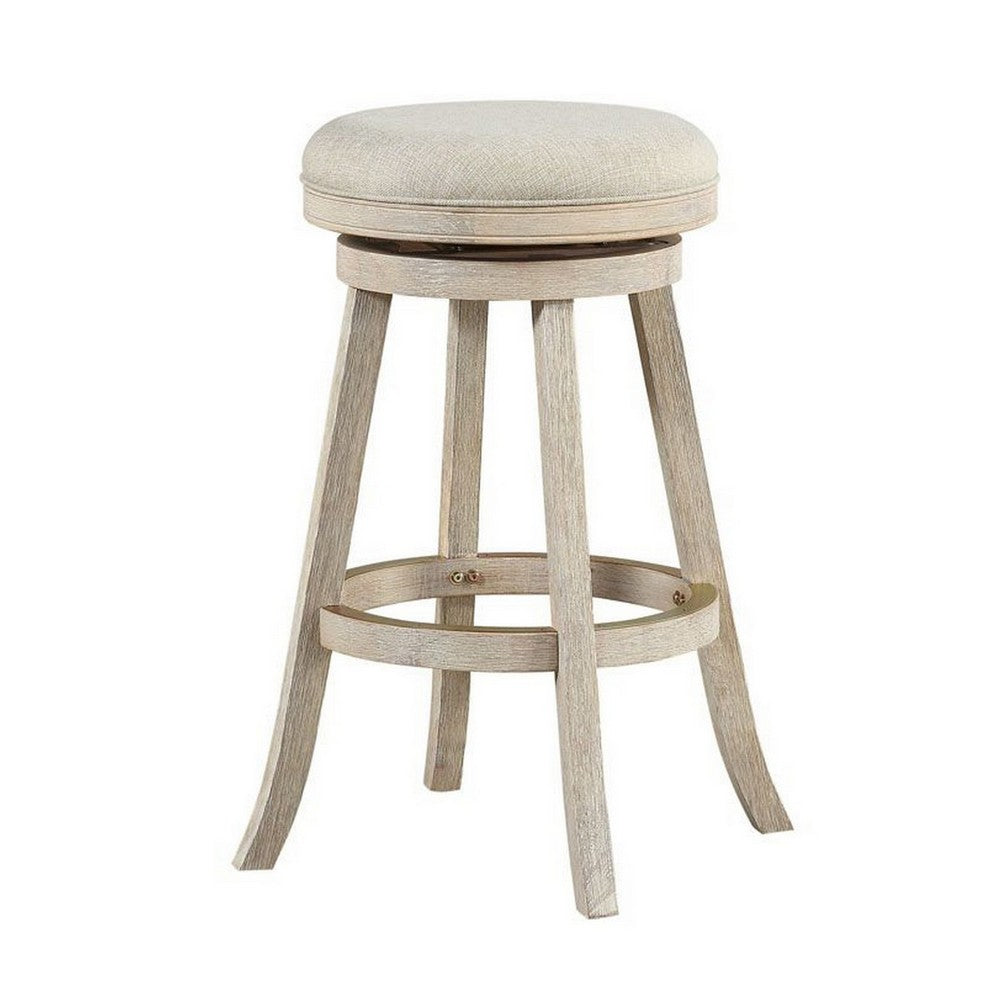 29 Inches Wooden Swivel Bar Stool with Round Fabric Seat Ivory By Casagear Home BM239736