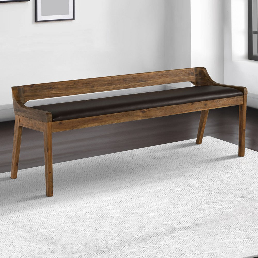 Wooden Sleek Panel Back Dining Bench with Leatherette Seat Brown By Casagear Home BM239747