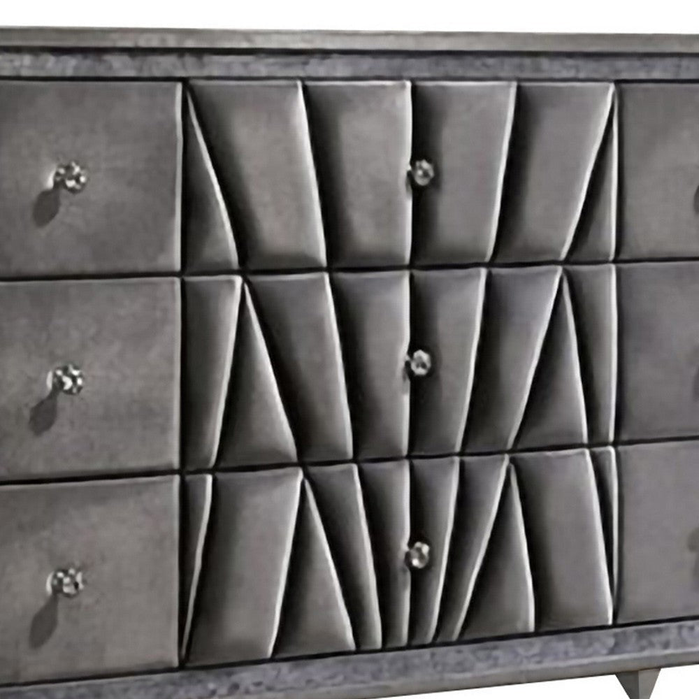 9 Drawer Fabric Frame Dresser with Tufted Accents and Acrylic Knob Gray By Casagear Home BM239797