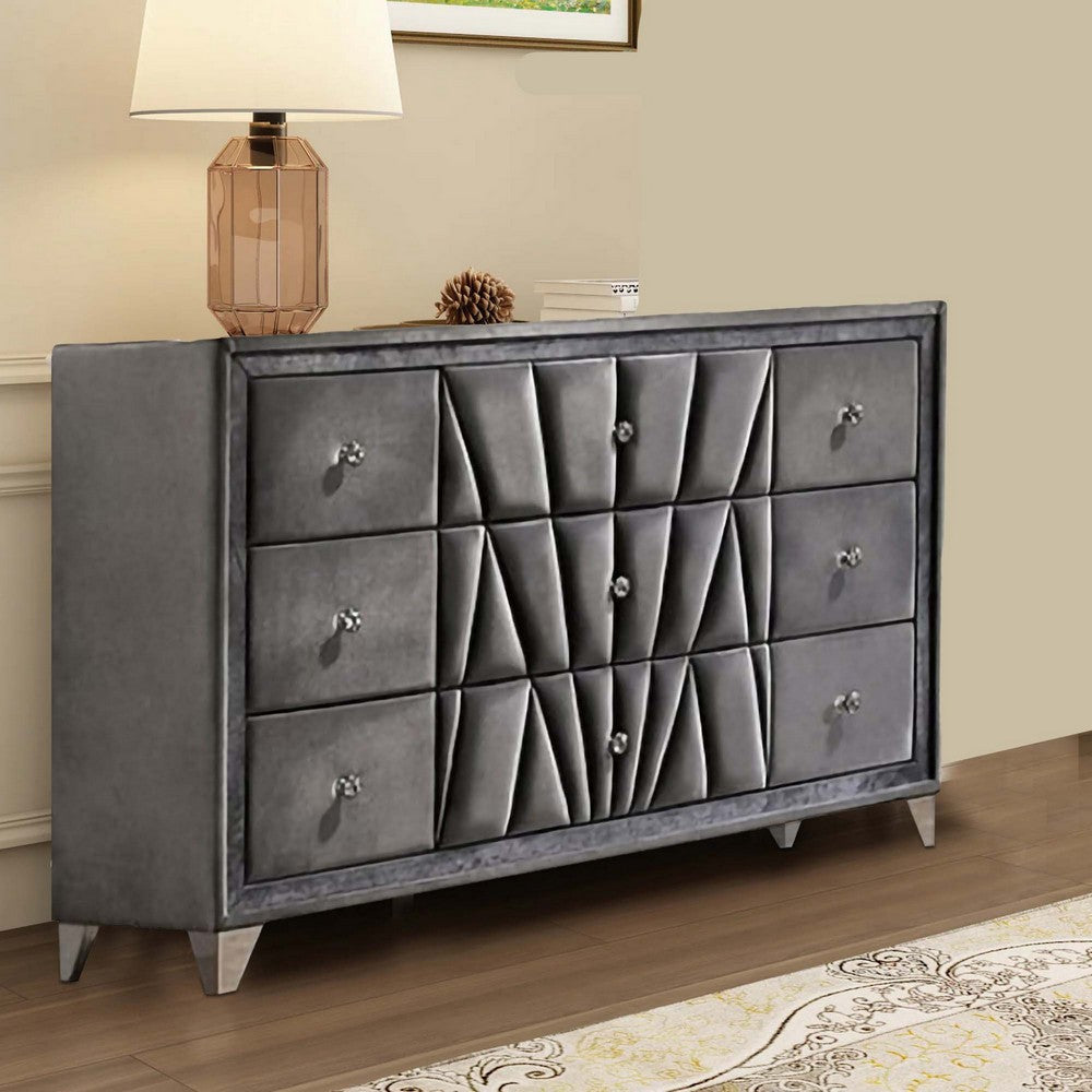 9 Drawer Fabric Frame Dresser with Tufted Accents and Acrylic Knob Gray By Casagear Home BM239797