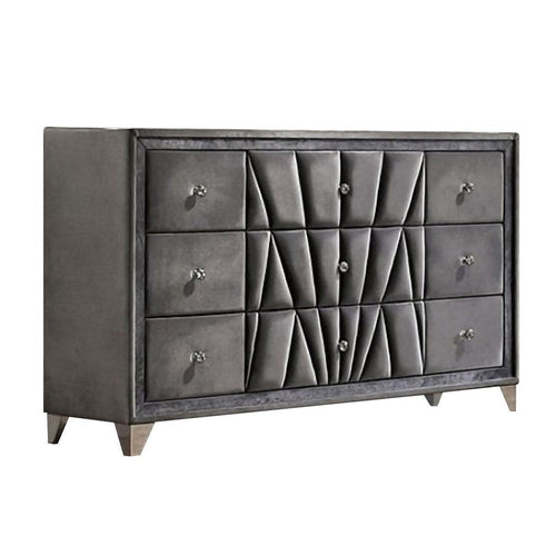 Dresser | 9 Drawer Fabric Frame | Tufted | Acrylic Knobs | Gray