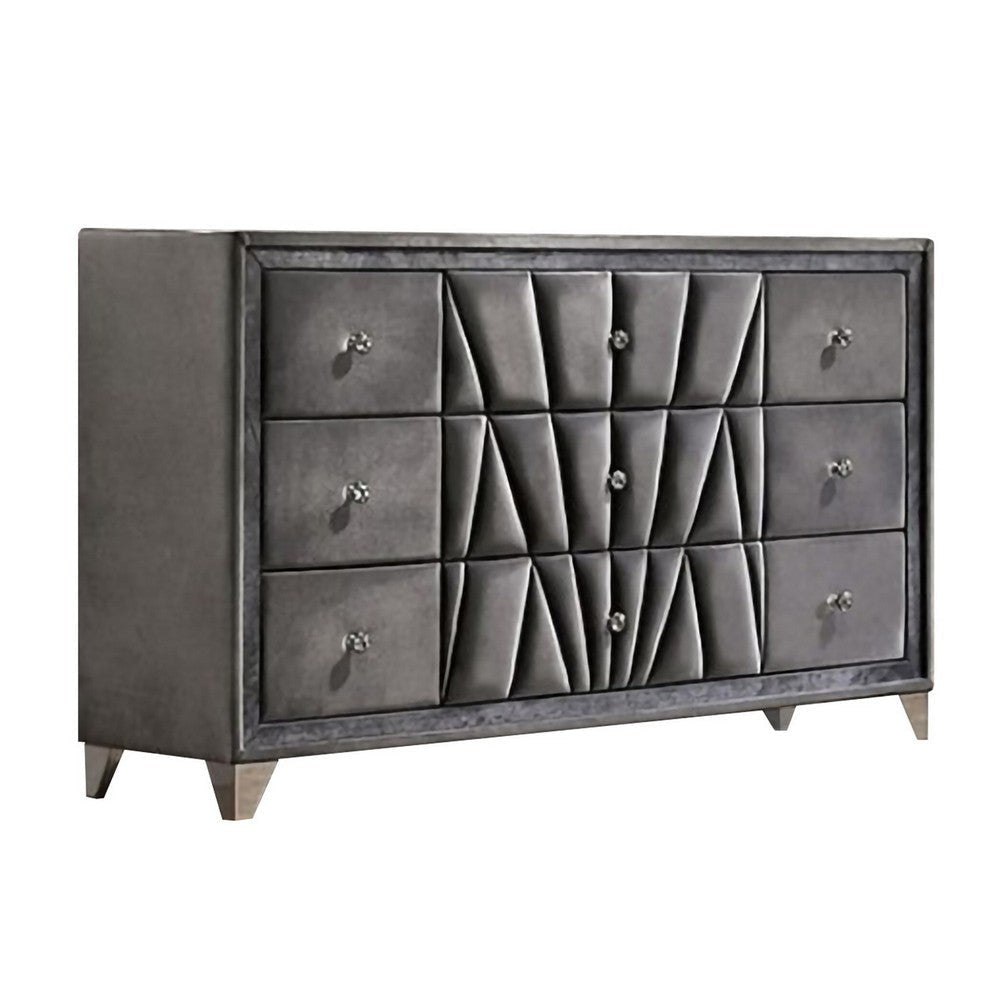 Dresser | 9 Drawer Fabric Frame | Tufted | Acrylic Knobs | Gray