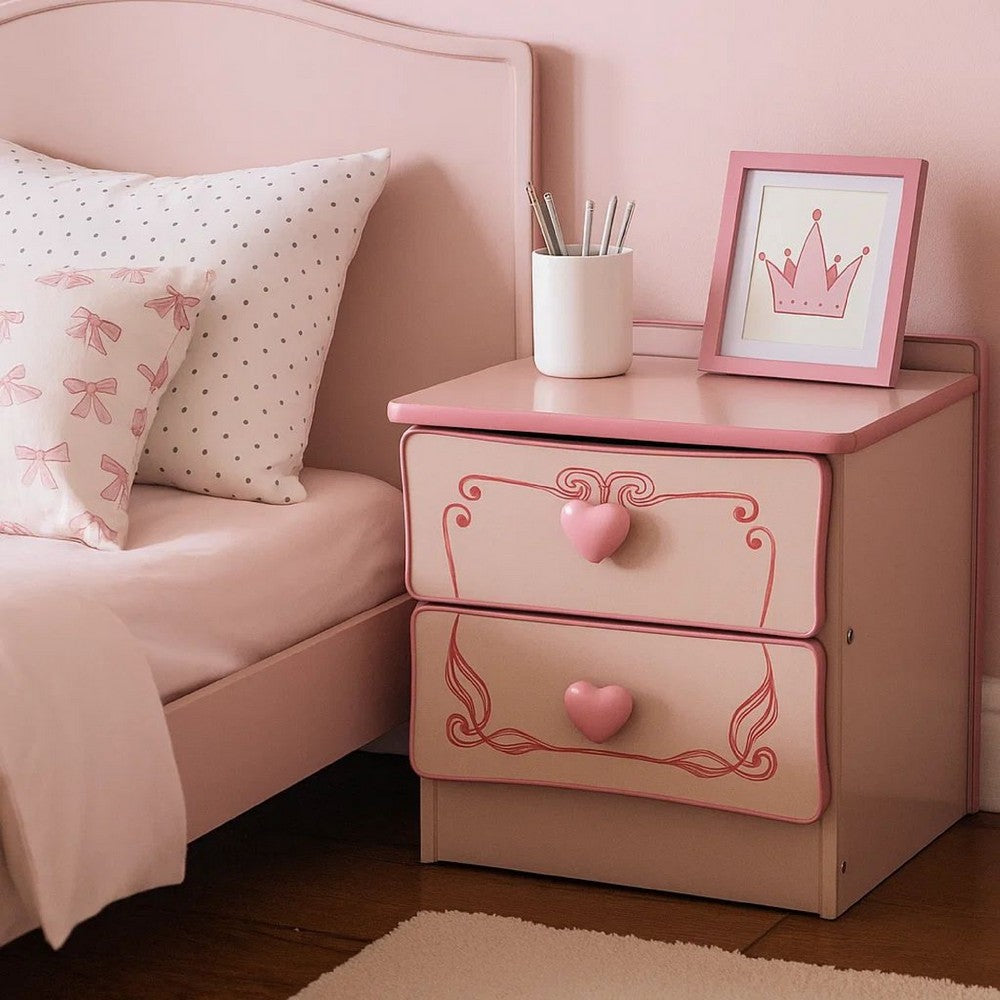 Nightstand | 2 Drawer | Wood | Heart Knobs | Pink