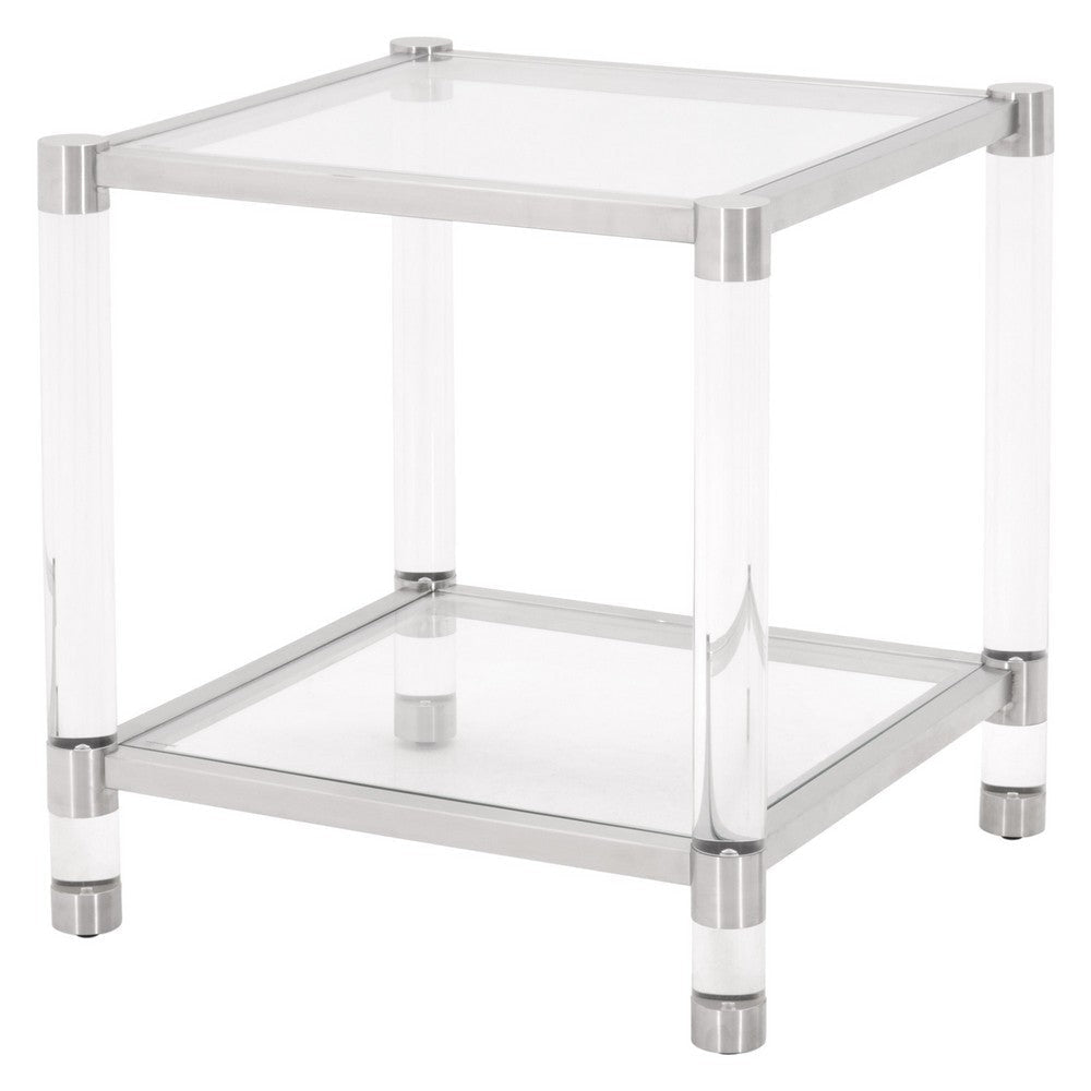 Glass Top End Table with Acrylic Legs and Metal Accents, Clear, Silver By Casagear Home