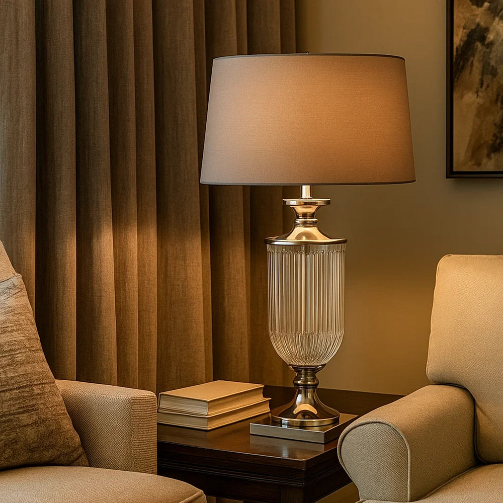 Table Lamp | Glass Pedestal Base | Fabric Shade | Chrome
