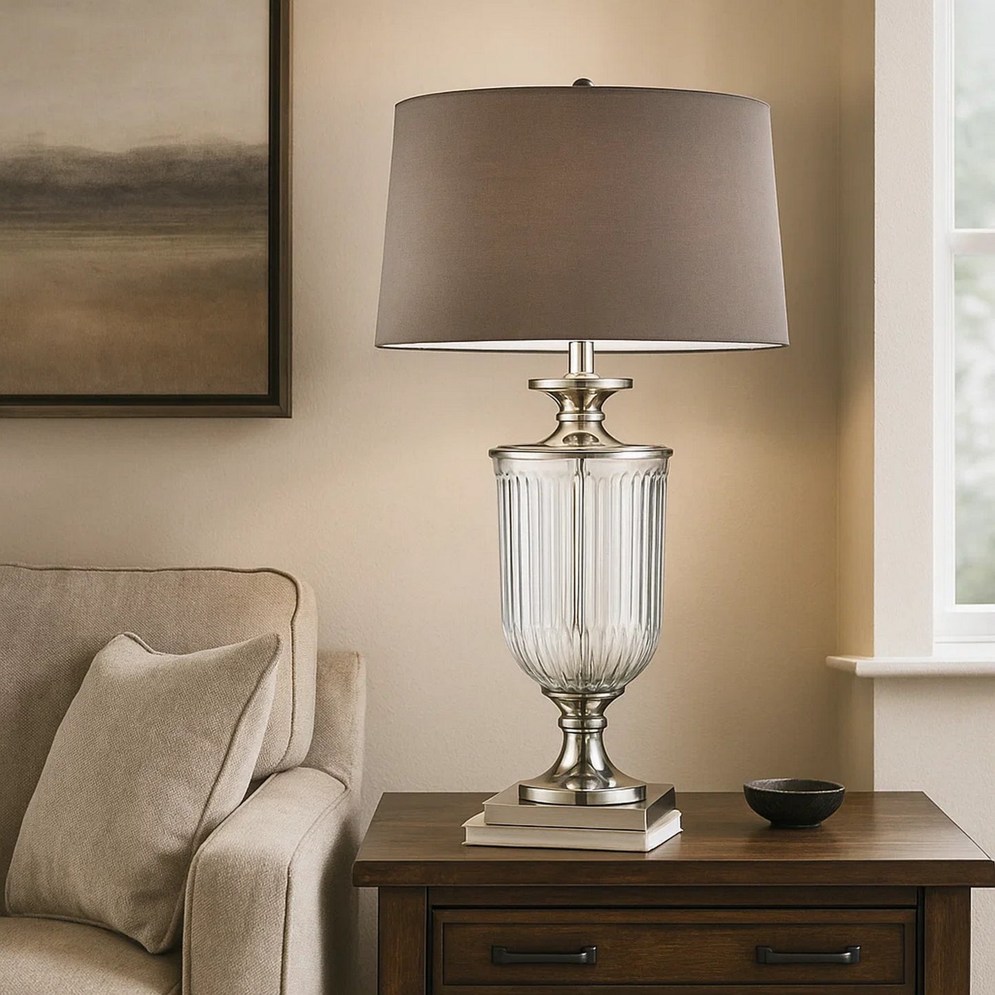 Table Lamp | Glass Pedestal Base | Fabric Shade | Chrome