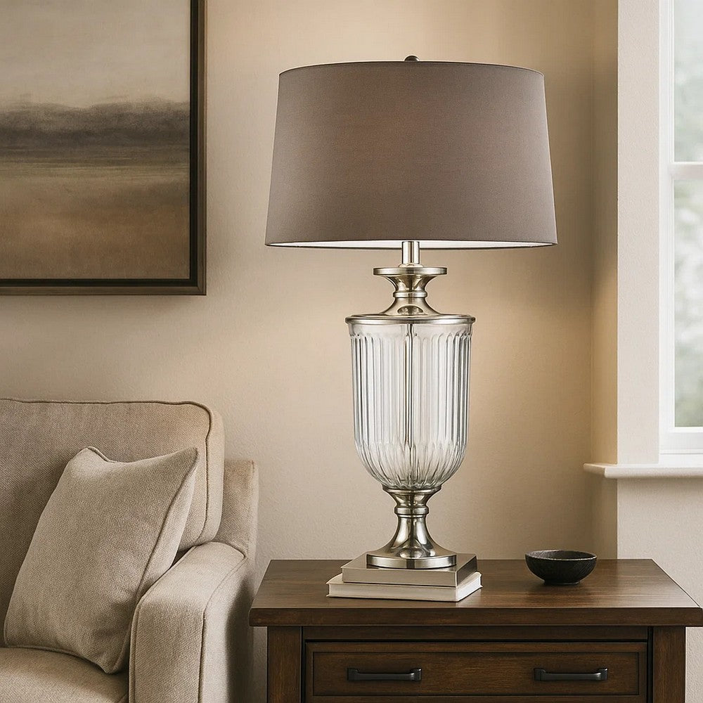 Table Lamp | Glass Pedestal Base | Fabric Shade | Chrome