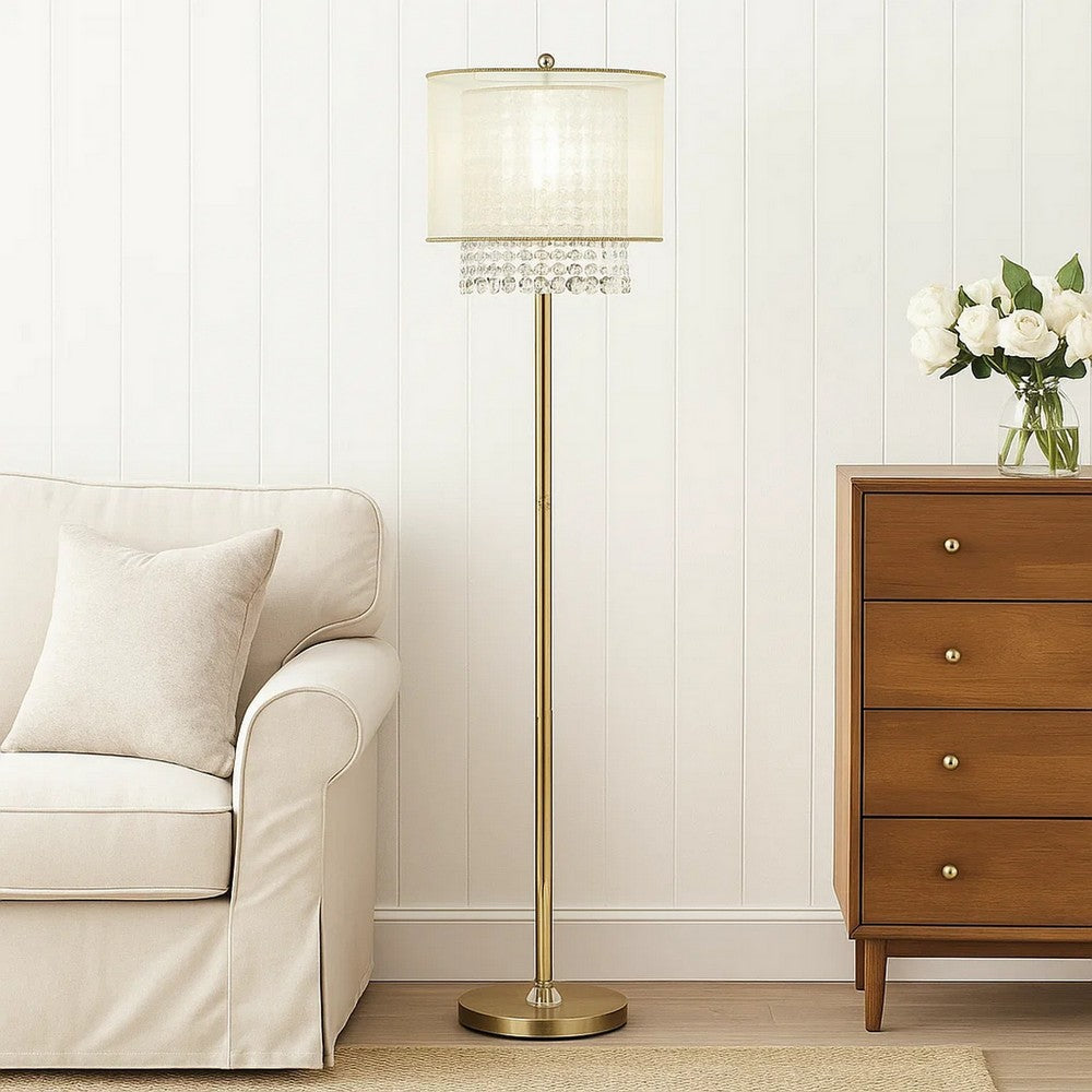 Floor Lamp | Hanging Crystal Accents | White & Gold
