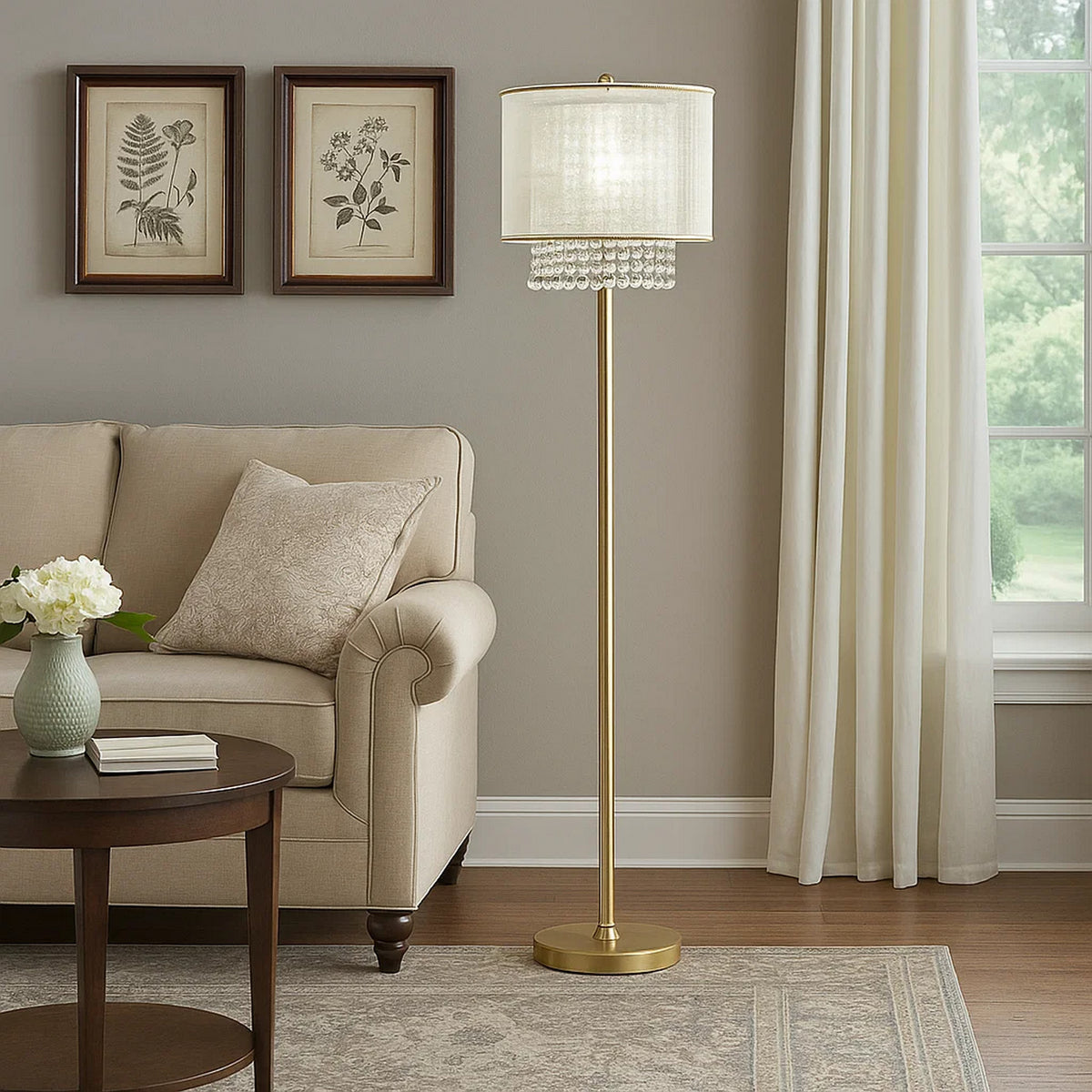 Floor Lamp | Hanging Crystal Accents | White & Gold
