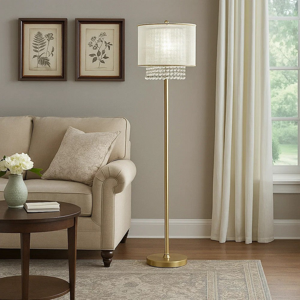 Floor Lamp | Hanging Crystal Accents | White & Gold