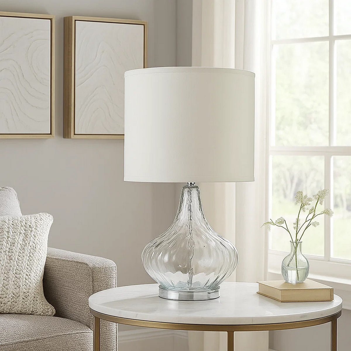 Table Lamp | Pot Bellied Glass Body | Clear & White