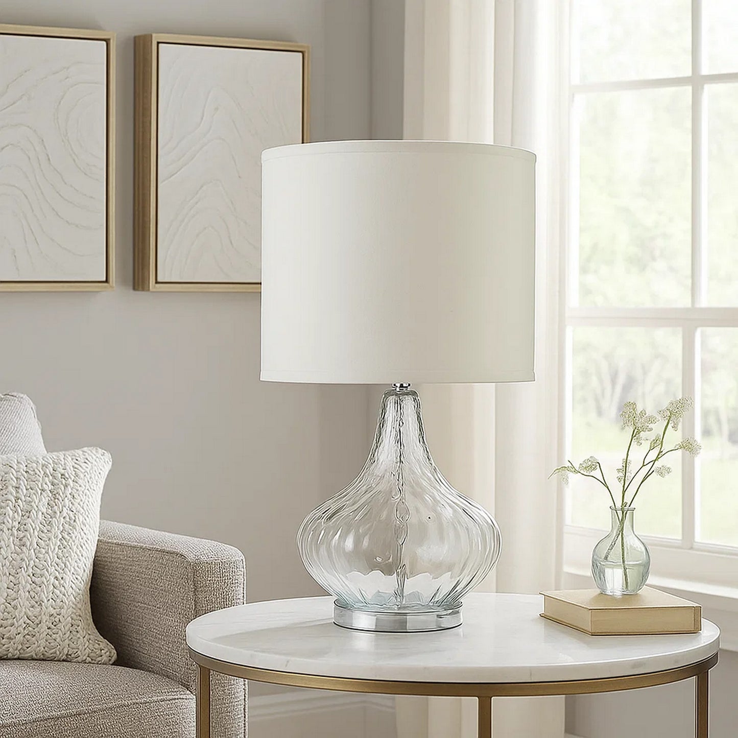 Table Lamp | Pot Bellied Glass Body | Clear & White