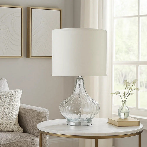 Table Lamp | Pot Bellied Glass Body | Clear & White