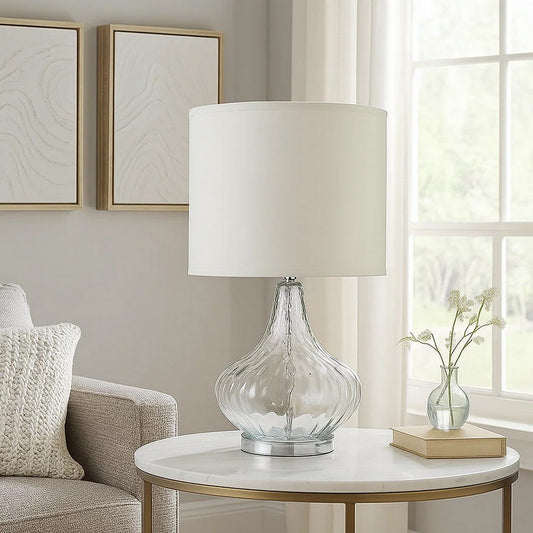 Table Lamp | Pot Bellied Glass Body | Clear & White