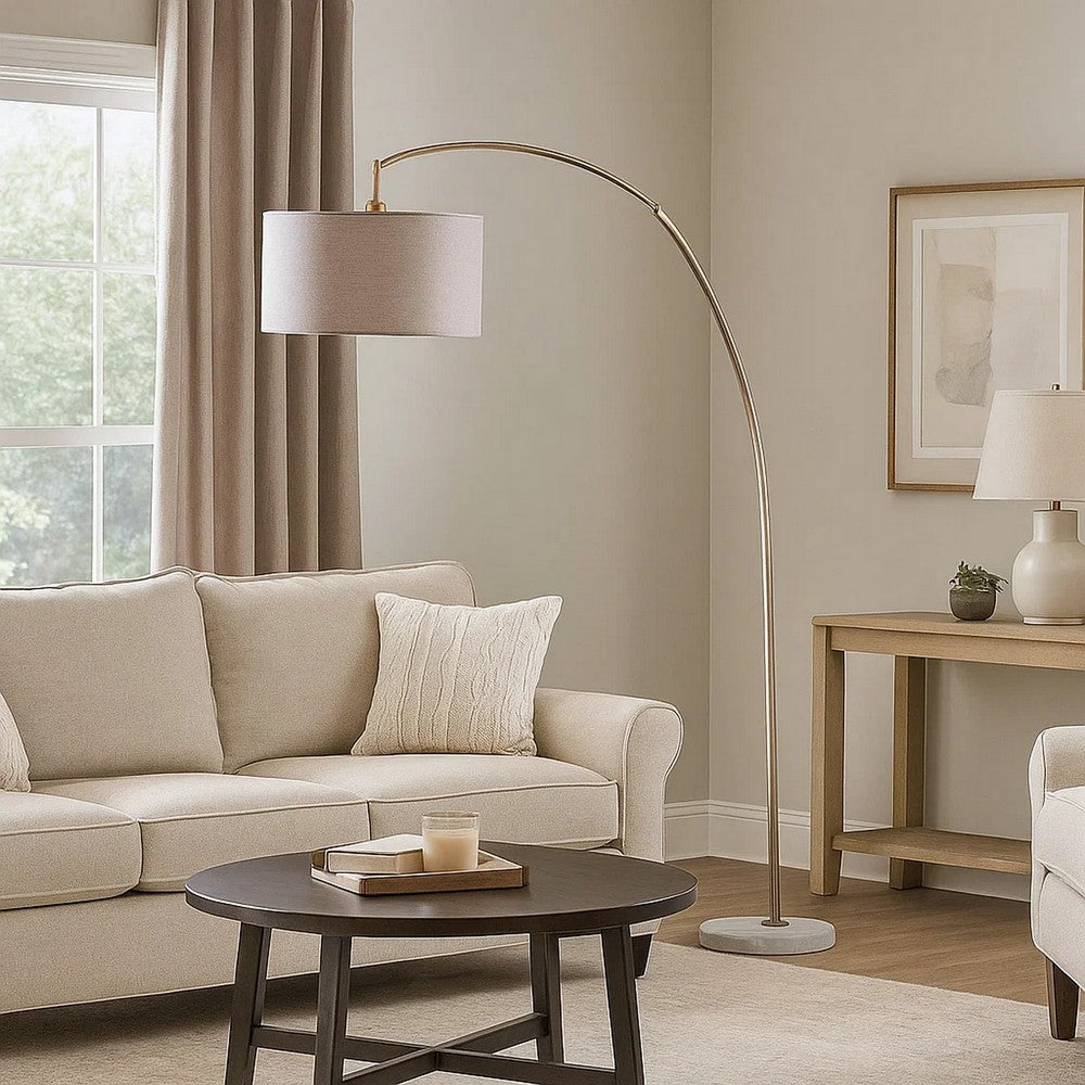 Floor Lamp | Curved Metal Frame | Drum Shade | Antique Gold