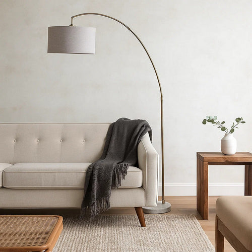 Floor Lamp | Curved Metal Frame | Drum Shade | Antique Gold