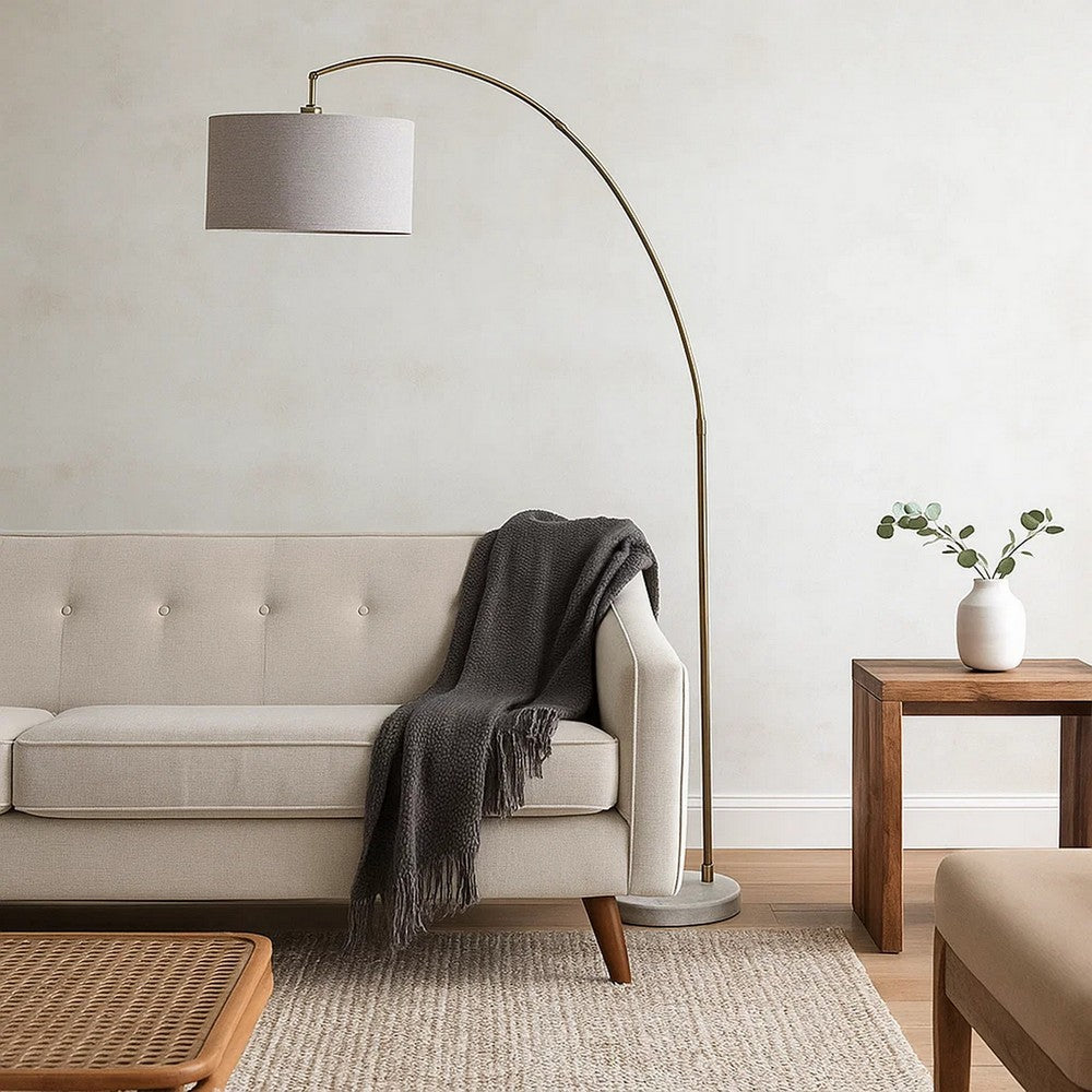 Floor Lamp | Curved Metal Frame | Drum Shade | Antique Gold