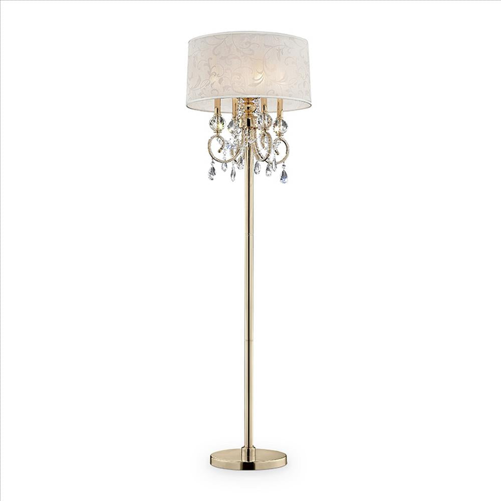 Floor Lamp with Crystal Accent and Baroque Printed Shade, Gold By Casagear Home