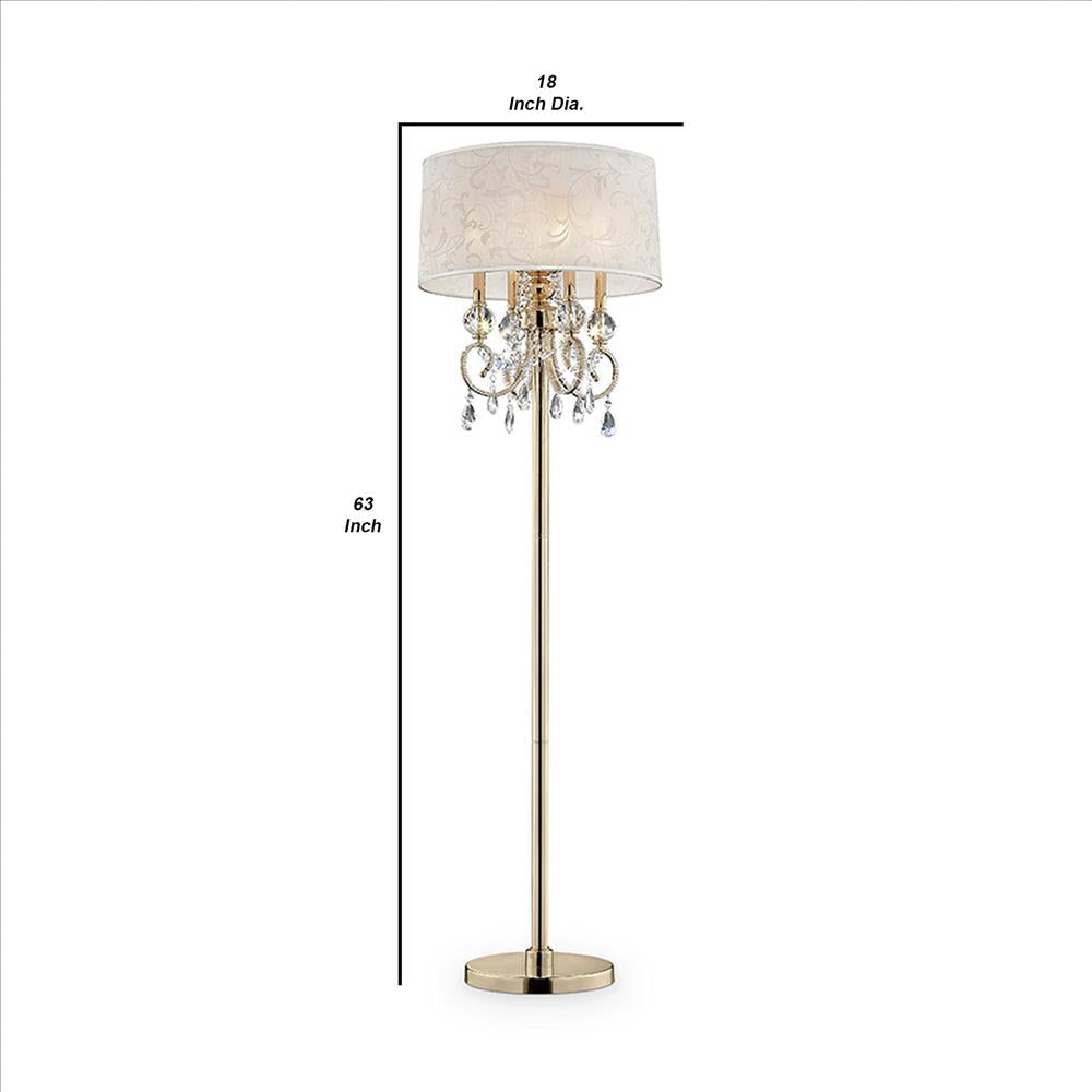 Floor Lamp with Crystal Accent and Baroque Printed Shade Gold By Casagear Home BM240436