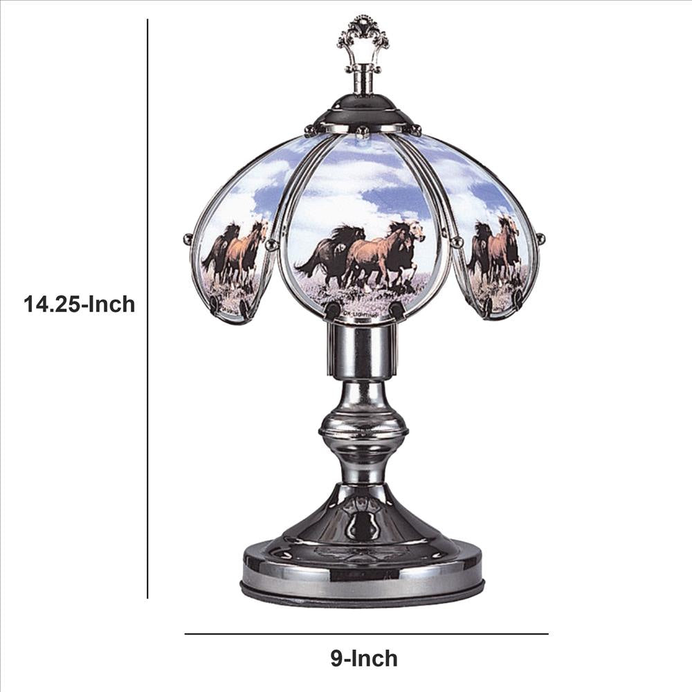 14.25’’ Umbrella Shade Glass Table Lamp with Running Horses Print Silver By Casagear Home BM240856