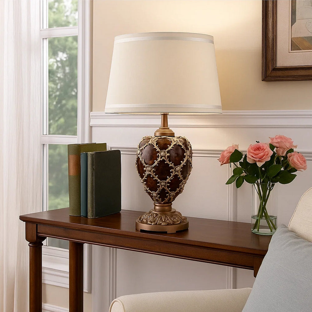 Table Lamp | Polyresin Urn Shape | Diamond Pattern | Brown