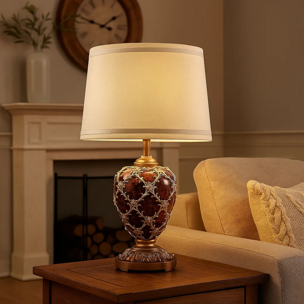 Table Lamp | Polyresin Urn Shape | Diamond Pattern | Brown