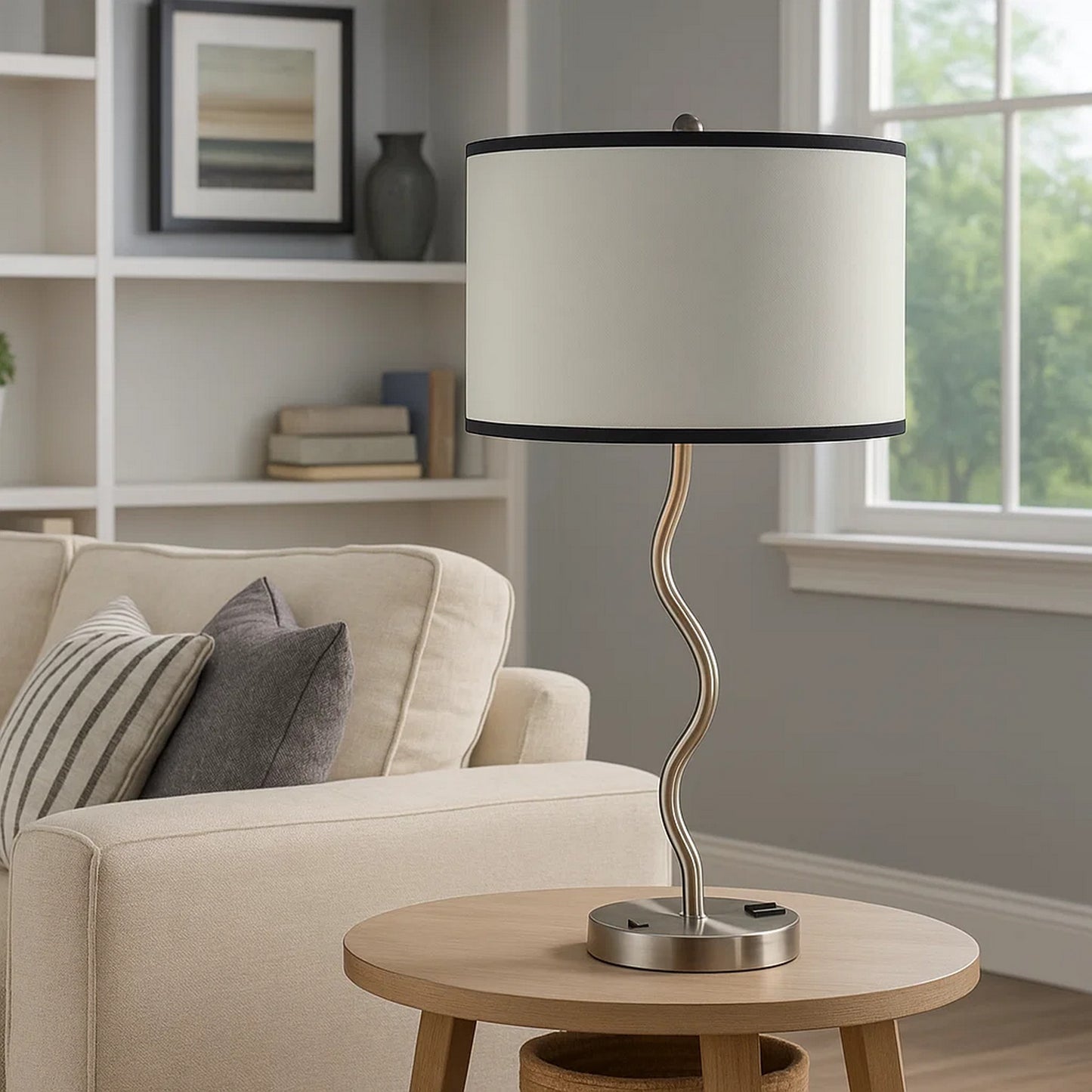 Table Lamp | 29" | Drum Shade | Curved Frame | Silver