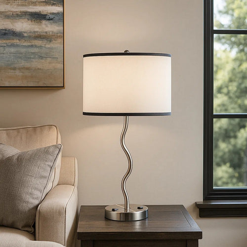 Table Lamp | 29" | Drum Shade | Curved Frame | Silver