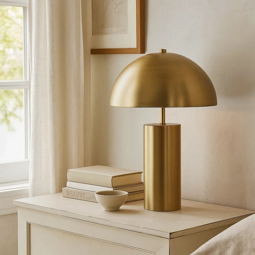 Table Lamp | Metal Umbrella Shade | Cylindrical Body | Brass