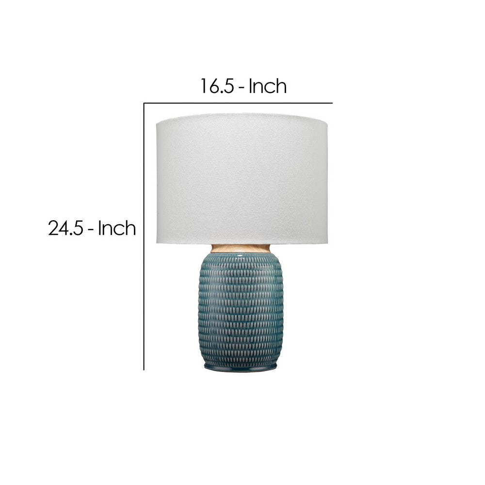 Table Lamp with Ribbed Ceramic Body and Fabric Shade, Blue By Casagear Home
