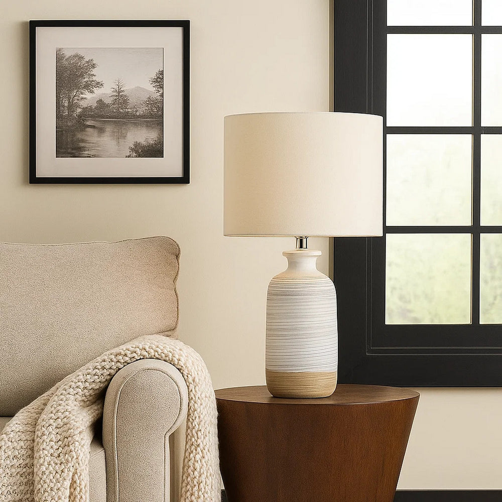 Table Lamp | Brushed Ceramic Body | Fabric Shade | Cream
