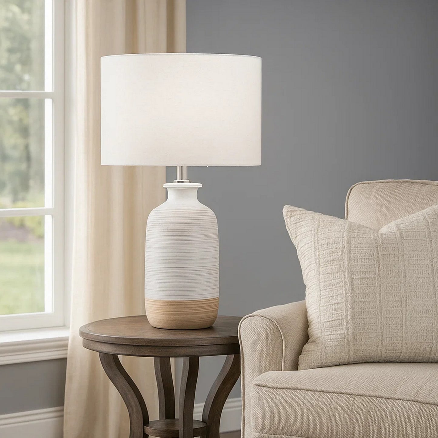 Table Lamp | Brushed Ceramic Body | Fabric Shade | Cream