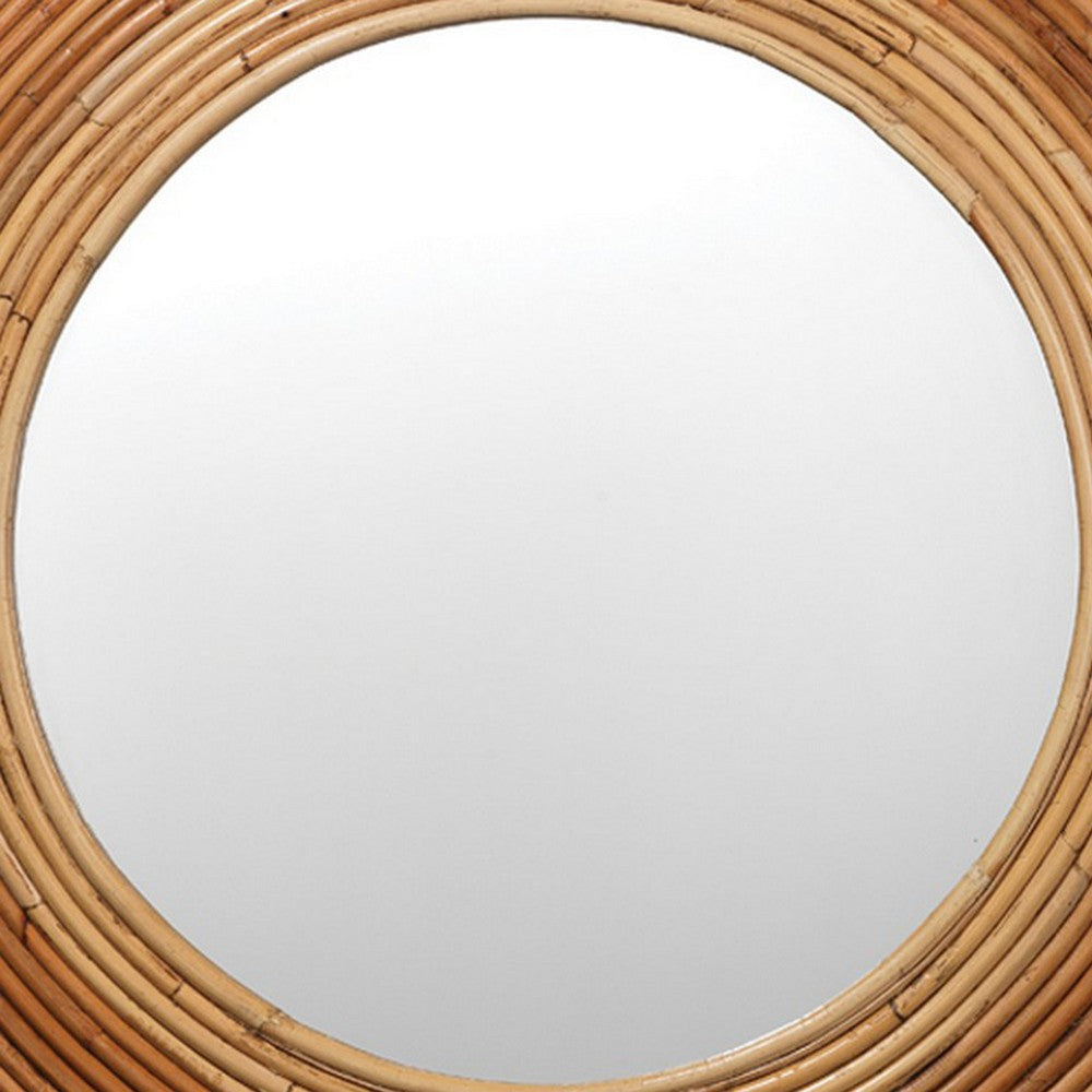 Mirror with Round Woven Rattan Coil Frame Brown and Silver By Casagear Home BM241141