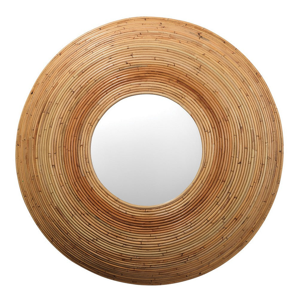 Mirror with Round Woven Rattan Coil Frame, Brown and Silver By Casagear Home