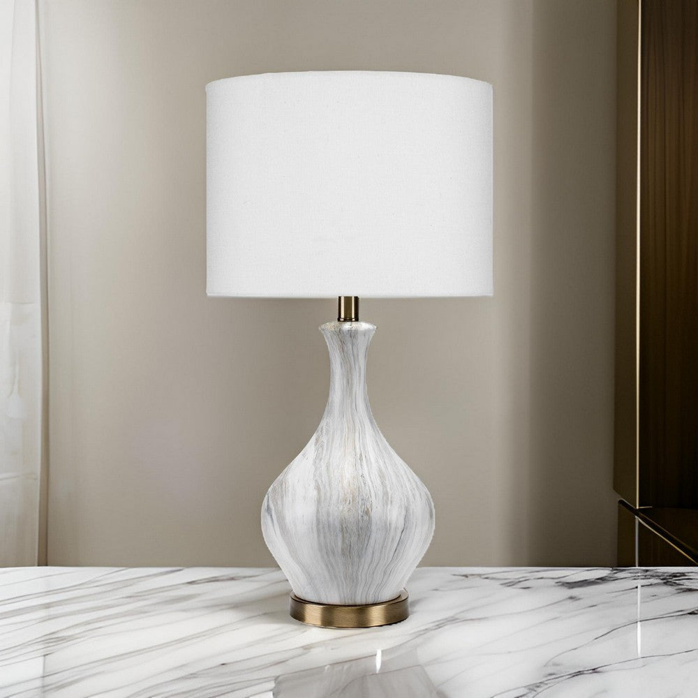 Table Lamp with Gourd Shaped Ceramic Body, White and Brass By Casagear Home