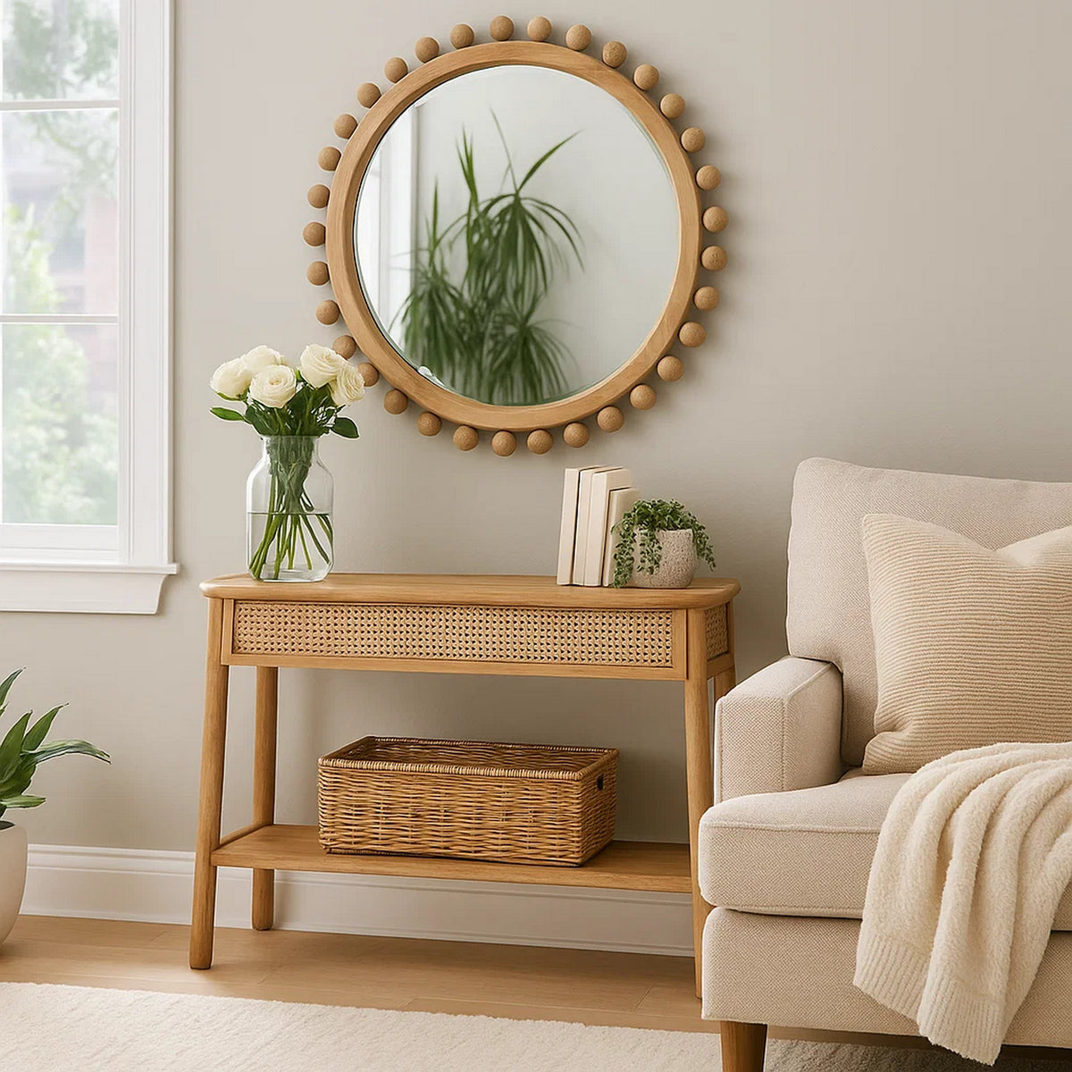 Mirror | Spherical Beads Accent | Wood Frame | Brown