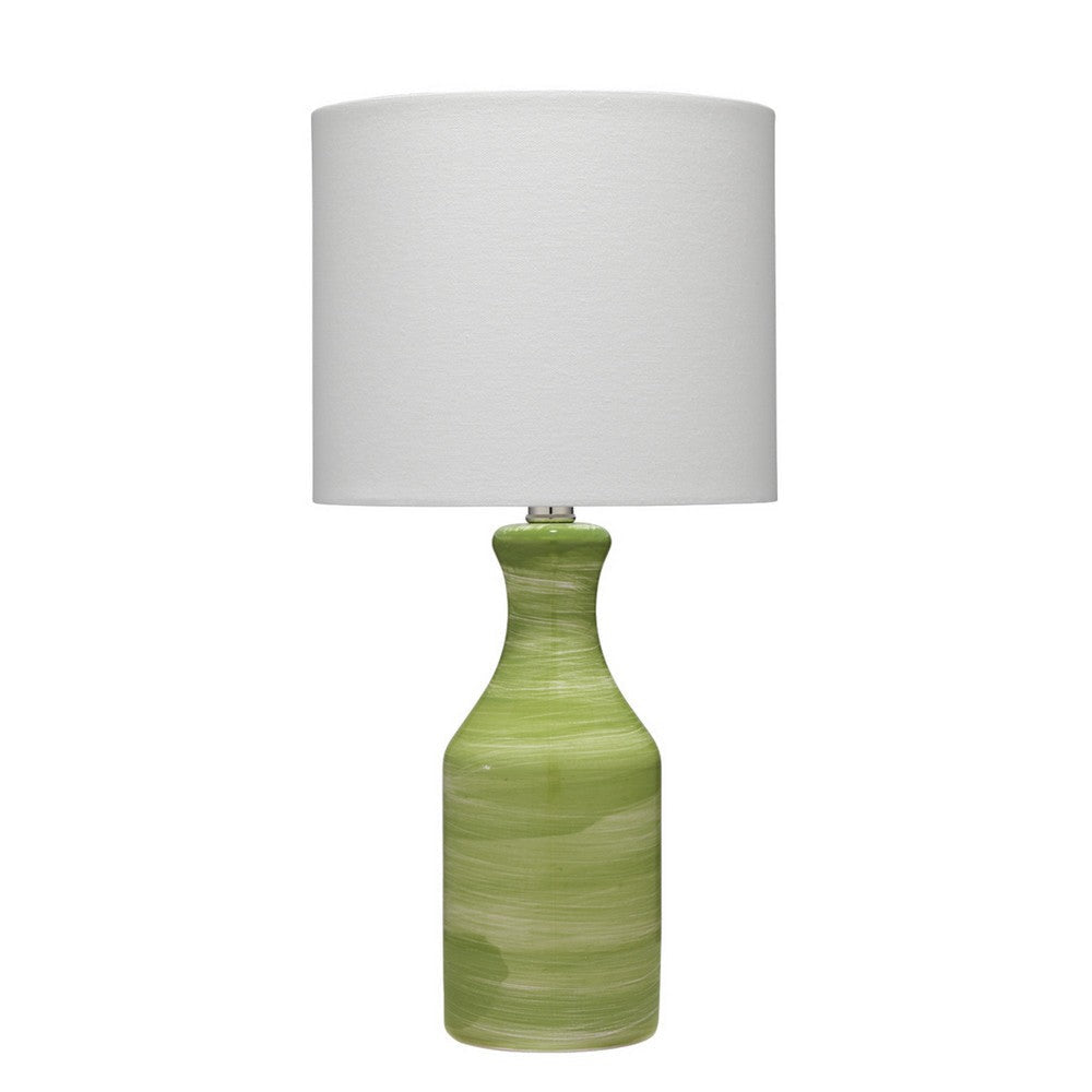 Table Lamp with Drum Shade and Ceramic Swirl Design Base, Green By Casagear Home