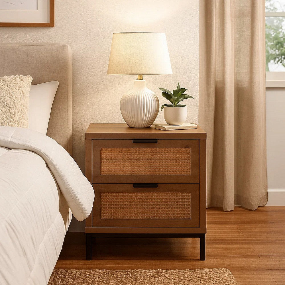 Side Table | MDF Frame | 2 Rattan Drawers | Brown