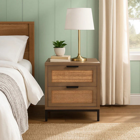 Side Table | MDF Frame | 2 Rattan Drawers | Brown