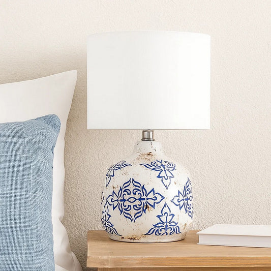 Table Lamp | Ceramic Base | Floral Pattern | White