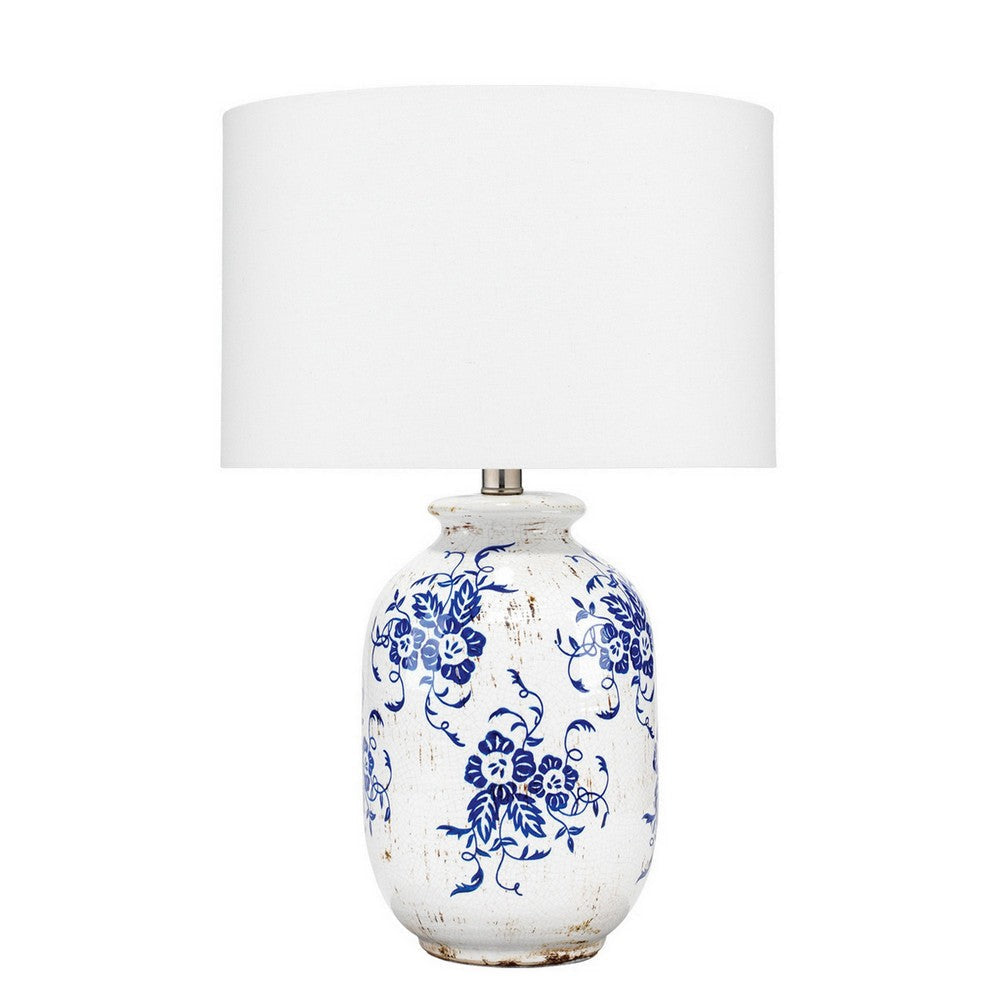 Table Lamp with Floral Pattern Ceramic Vase Base White By Casagear Home BM241221