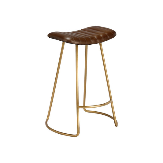 Counter Stool with Leatherette Vertical Channel Stitching, Brown and Antique Brass By Casagear Home